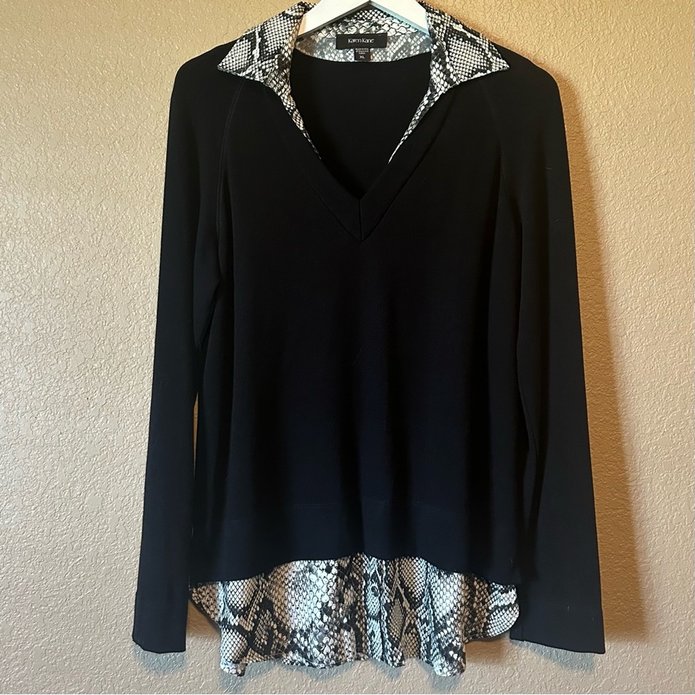 NWT Karen Kane Womens XL Running Wild Black Animal Print Layered Sweater Top